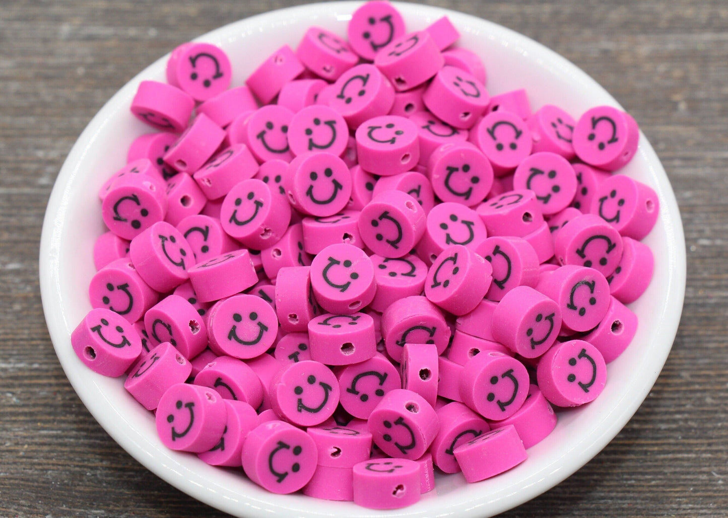 Hot Pink Smiley Face Polymer Clay Beads, Smiley Face Fimo Cane Beads, Happy Face Emoji Beads, Bead for Bracelet, Beading Supplies #227