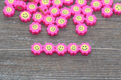 Hot Pink Smiley Face Polymer Clay Beads, Flower Shape Smiley Face Fimo Cane Beads, Happy Face Beads, Bead for Bracelet #236