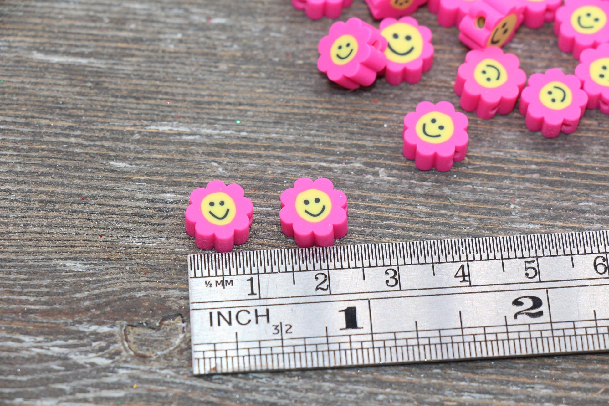 Hot Pink Smiley Face Polymer Clay Beads, Flower Shape Smiley Face Fimo Cane Beads, Happy Face Beads, Bead for Bracelet #236