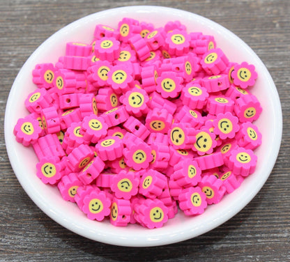 Hot Pink Smiley Face Polymer Clay Beads, Flower Shape Smiley Face Fimo Cane Beads, Happy Face Beads, Bead for Bracelet #236