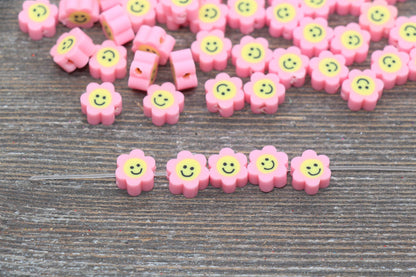 Pink Smiley Face Polymer Clay Beads, Flower Shape Smiley Face Fimo Cane Beads, Happy Face Beads, Bead for Bracelet #237