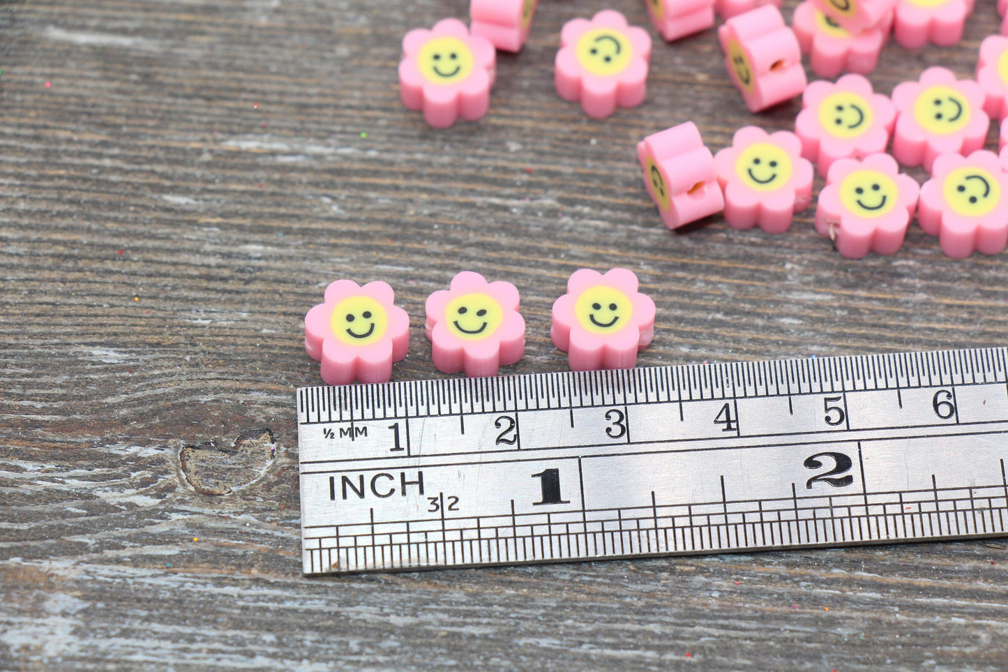 Pink Smiley Face Polymer Clay Beads, Flower Shape Smiley Face Fimo Cane Beads, Happy Face Beads, Bead for Bracelet #237