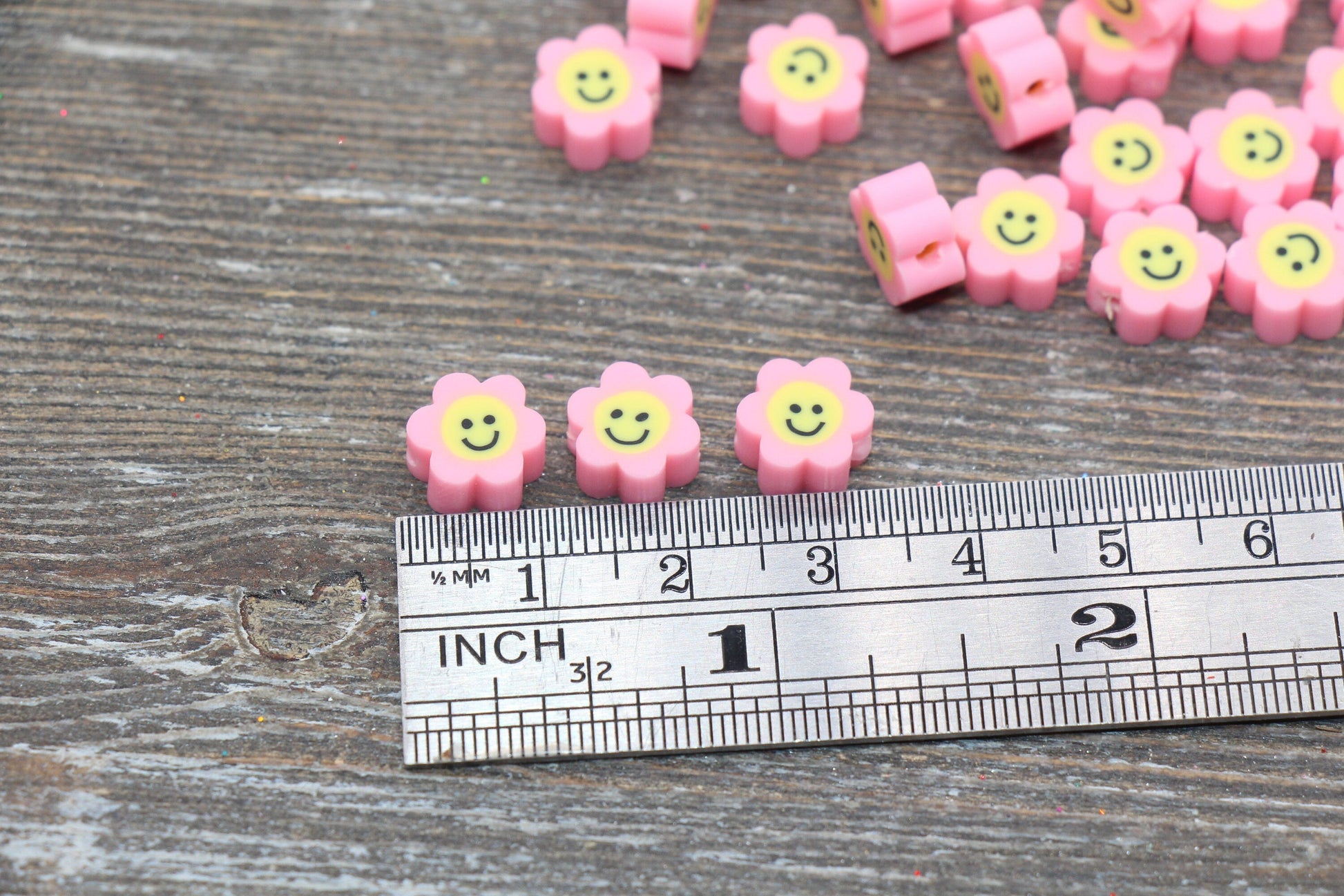 Pink Smiley Face Polymer Clay Beads, Flower Shape Smiley Face Fimo Cane Beads, Happy Face Beads, Bead for Bracelet #237