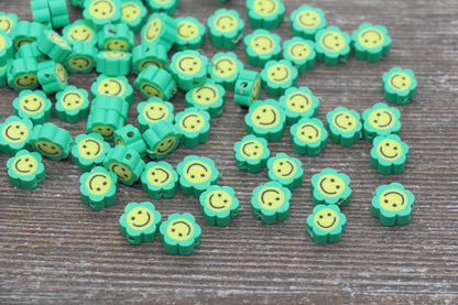 Green Smiley Face Polymer Clay Beads, Flower Shape Smiley Face Fimo Cane Beads, Happy Face Beads, Bead for Bracelet #238