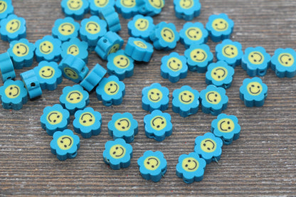 Blue Smiley Face Polymer Clay Beads, Flower Shape Smiley Face Fimo Cane Beads, Happy Face Beads, Bead for Bracelet #239