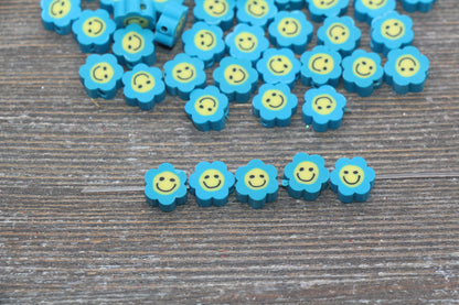 Blue Smiley Face Polymer Clay Beads, Flower Shape Smiley Face Fimo Cane Beads, Happy Face Beads, Bead for Bracelet #239