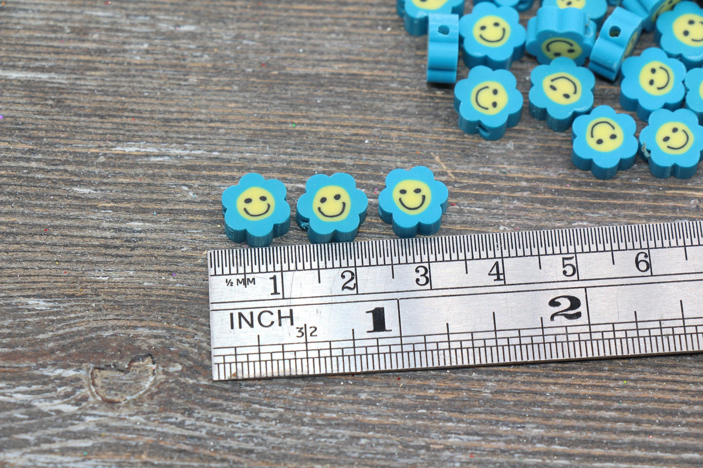 Blue Smiley Face Polymer Clay Beads, Flower Shape Smiley Face Fimo Cane Beads, Happy Face Beads, Bead for Bracelet #239