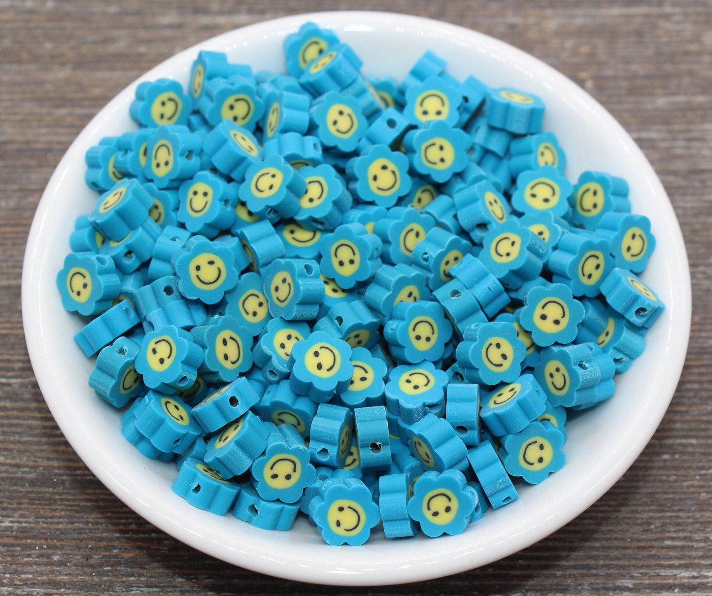 Blue Smiley Face Polymer Clay Beads, Flower Shape Smiley Face Fimo Cane Beads, Happy Face Beads, Bead for Bracelet #239