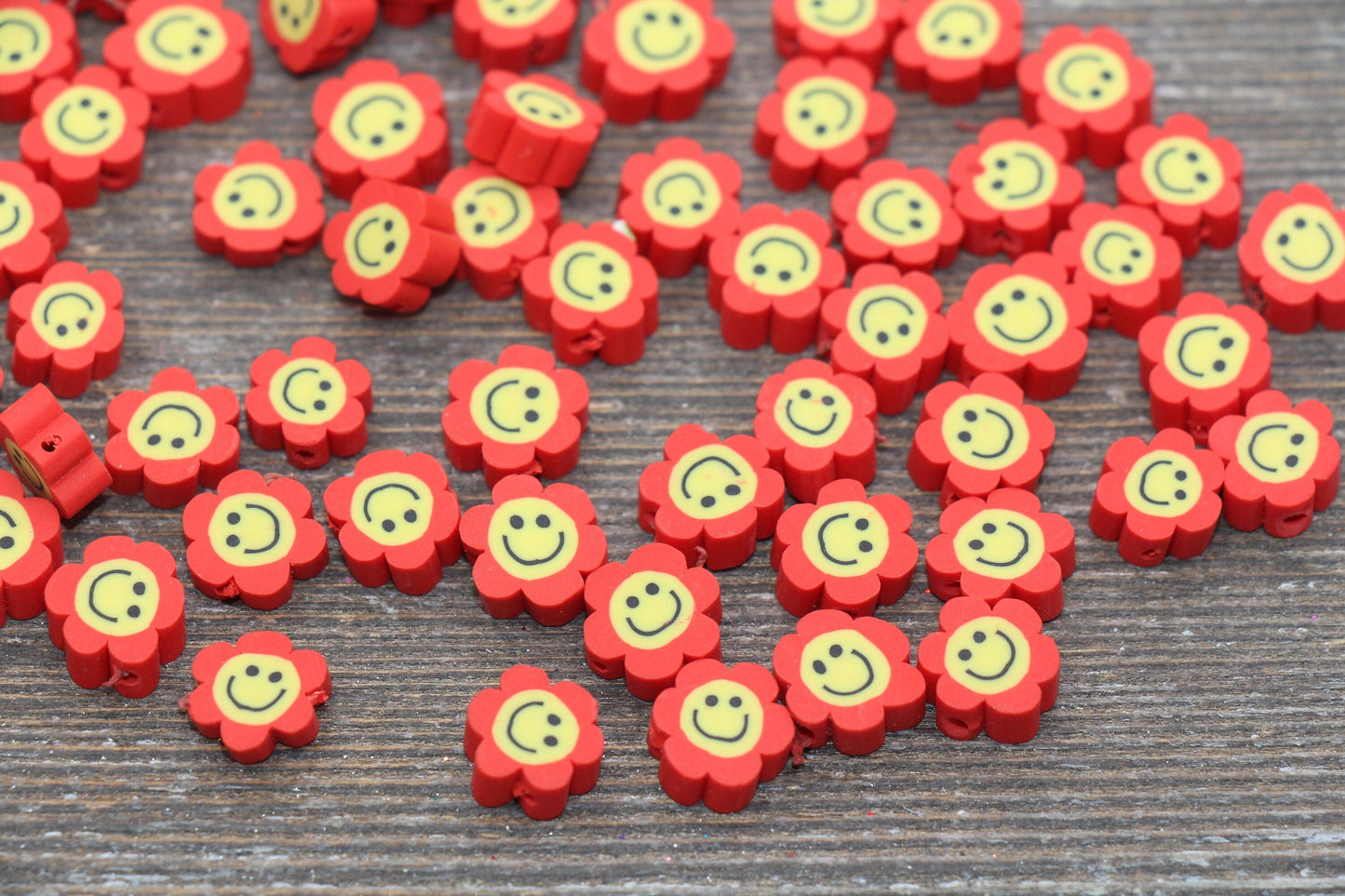 Red Smiley Face Polymer Clay Beads, Flower Shape Smiley Face Fimo Cane Beads, Happy Face Beads, Bead for Bracelet #240