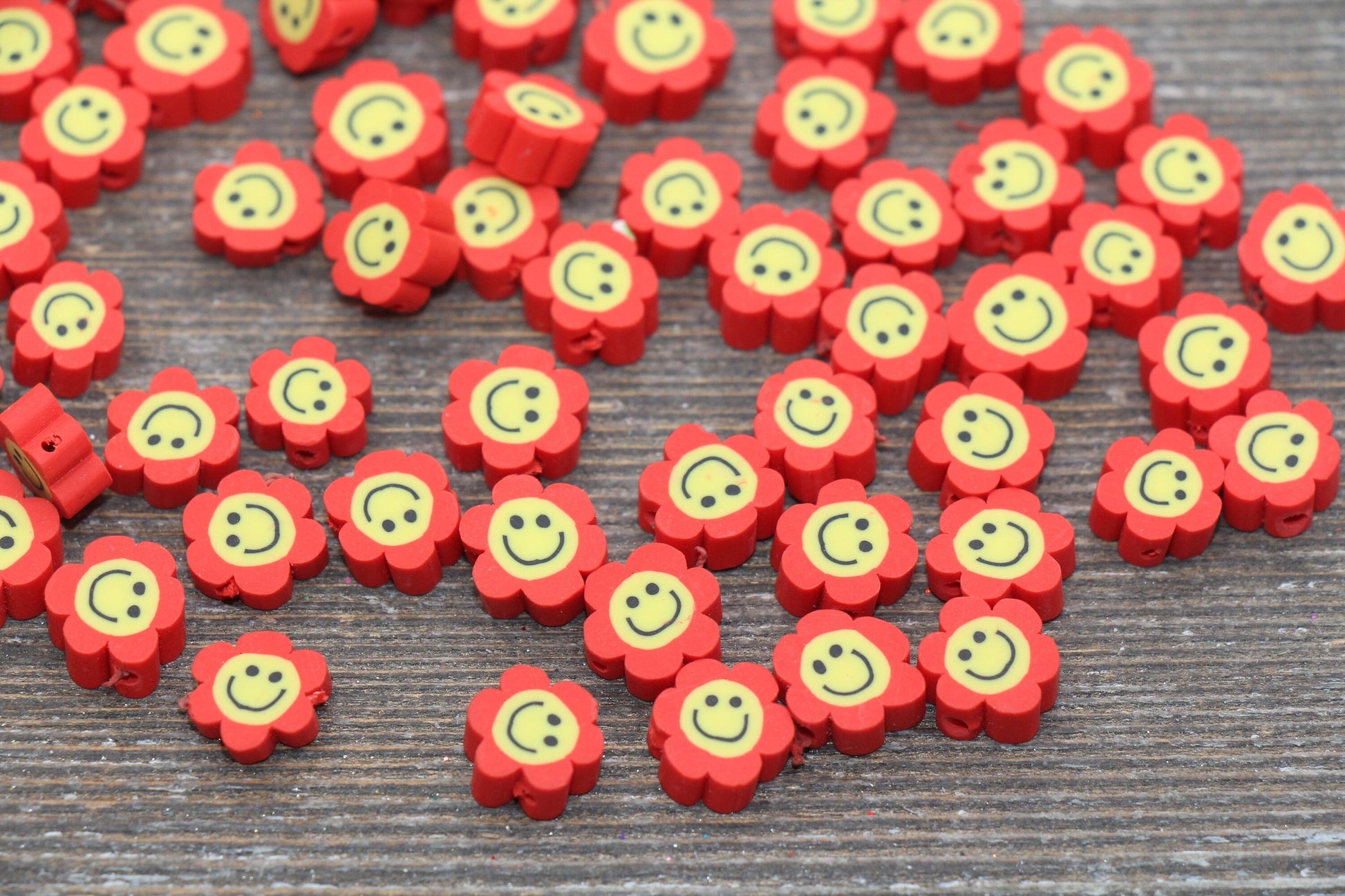 Red Smiley Face Polymer Clay Beads, Flower Shape Smiley Face Fimo Cane Beads, Happy Face Beads, Bead for Bracelet #240