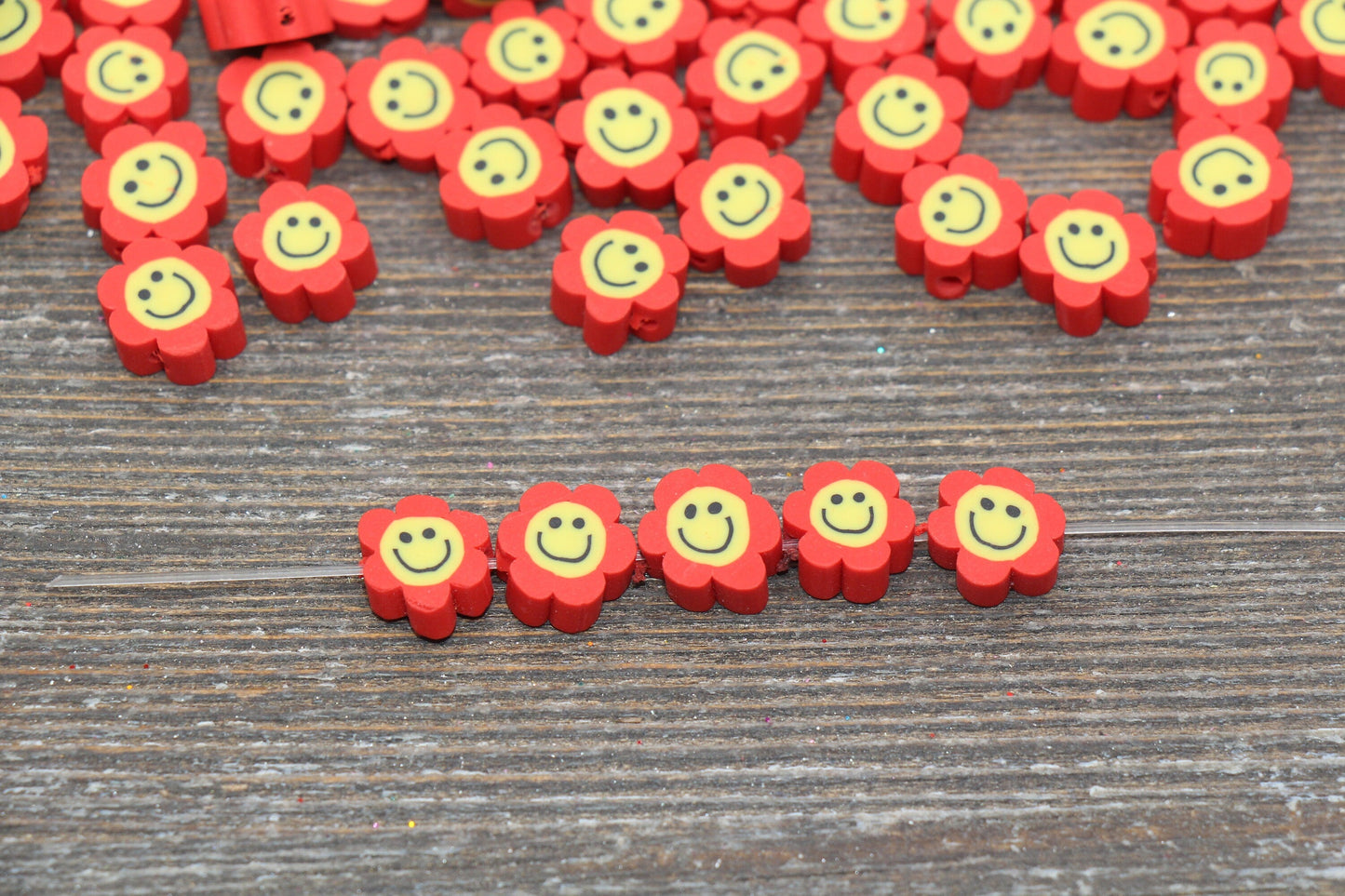 Red Smiley Face Polymer Clay Beads, Flower Shape Smiley Face Fimo Cane Beads, Happy Face Beads, Bead for Bracelet #240