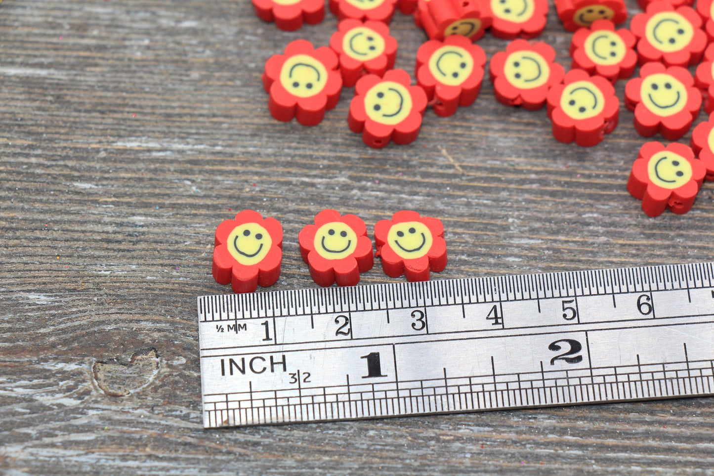 Red Smiley Face Polymer Clay Beads, Flower Shape Smiley Face Fimo Cane Beads, Happy Face Beads, Bead for Bracelet #240