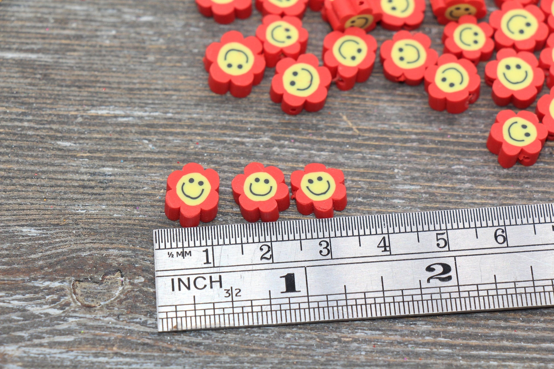 Red Smiley Face Polymer Clay Beads, Flower Shape Smiley Face Fimo Cane Beads, Happy Face Beads, Bead for Bracelet #240