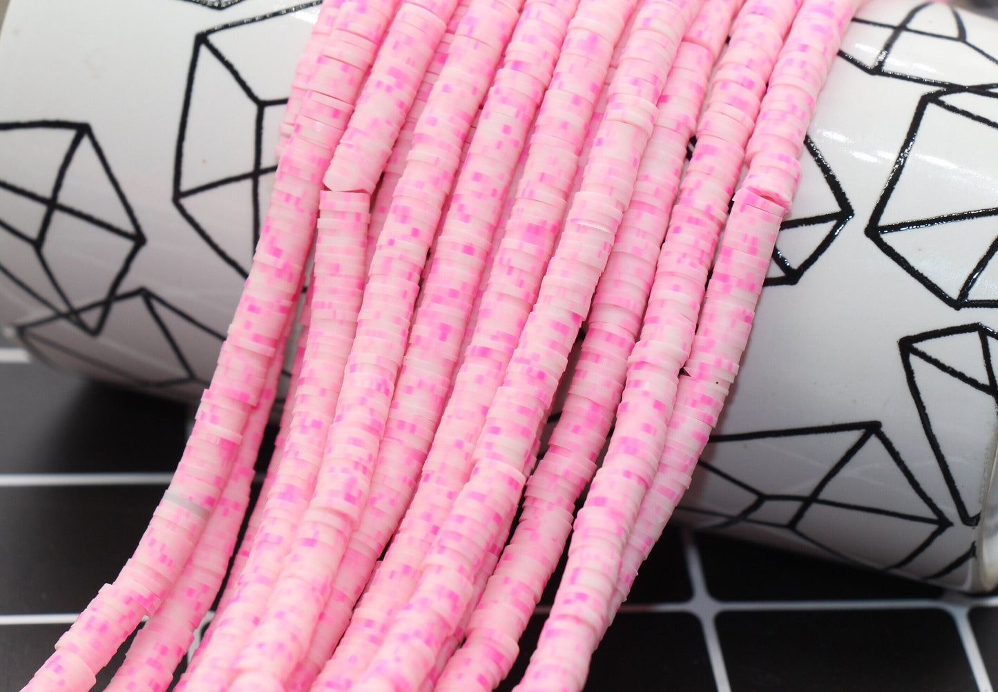 6mm Pink Speckled Heishi Beads, Pink Dots Polymer Clay Disc Beads, Full Strand #855