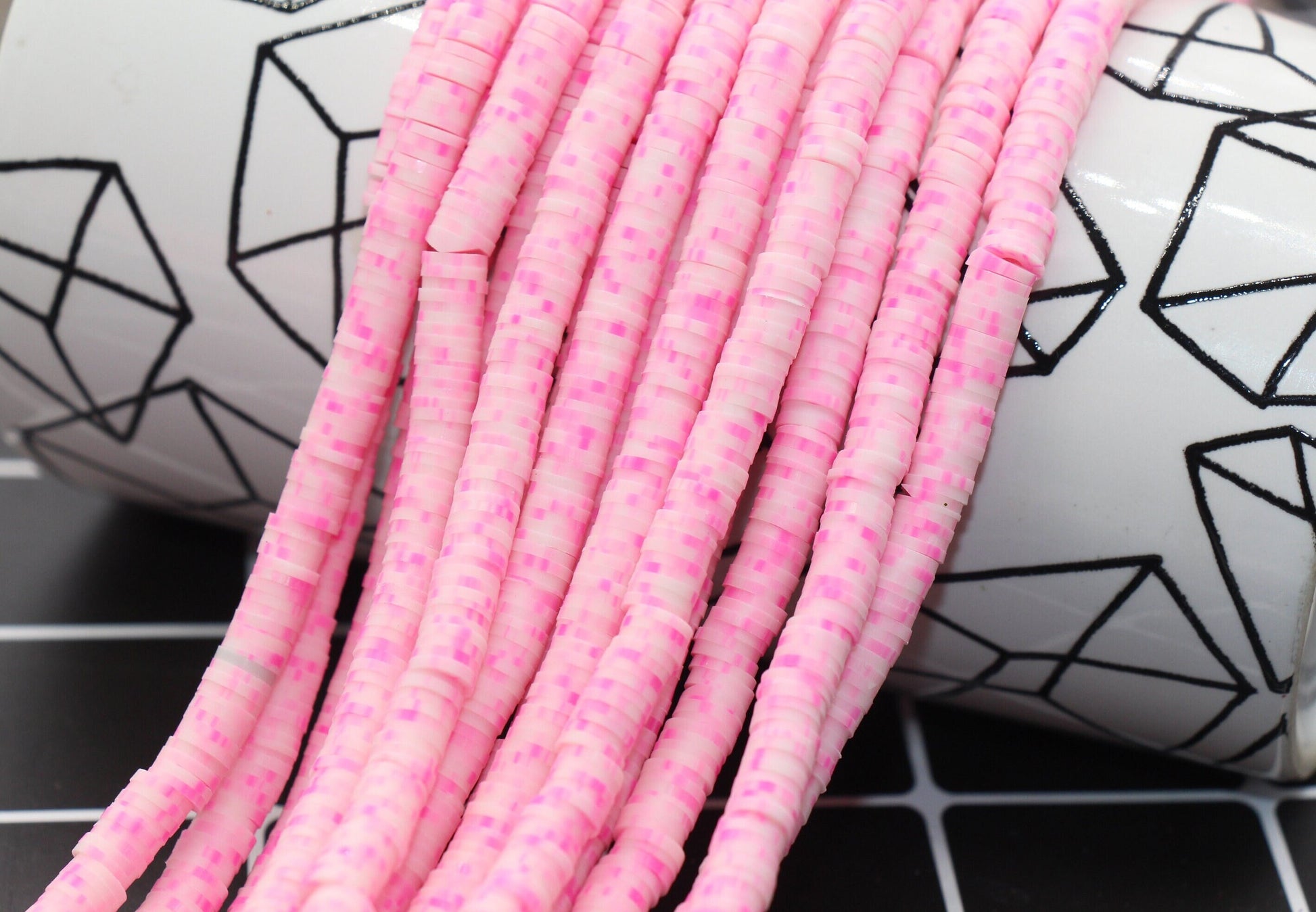 6mm Pink Speckled Heishi Beads, Pink Dots Polymer Clay Disc Beads, Full Strand #855