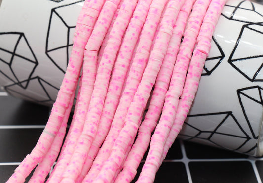 6mm Pink Speckled Heishi Beads, Pink Dots Polymer Clay Disc Beads, Full Strand #855