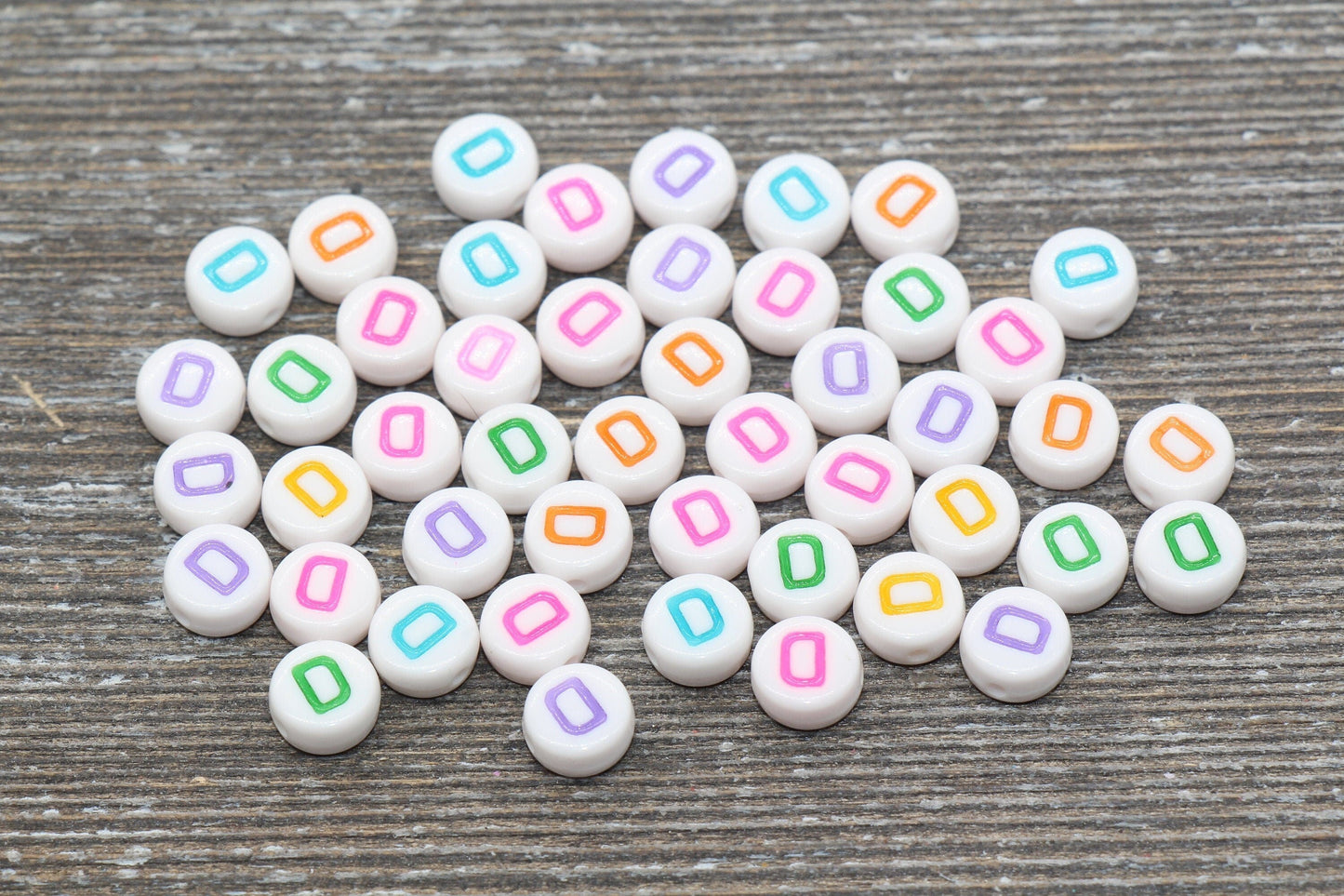 Letter D Alphabet Beads, Multicolored White Alphabet Letter Beads, Acrylic White Letters Beads, Round Acrylic Beads, Name Beads, Size 7mm