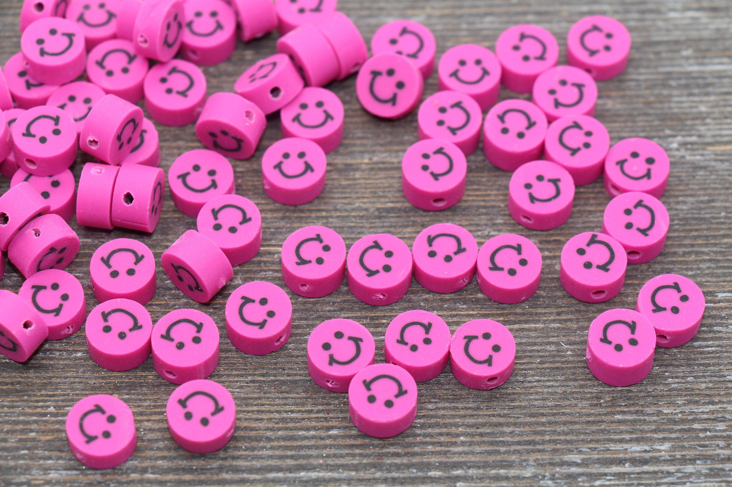 Hot Pink Smiley Face Polymer Clay Beads, Smiley Face Fimo Cane Beads, Happy Face Emoji Beads, Bead for Bracelet, Beading Supplies #227