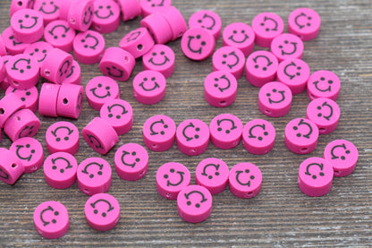 Hot Pink Smiley Face Polymer Clay Beads, Smiley Face Fimo Cane Beads, Happy Face Emoji Beads, Bead for Bracelet, Beading Supplies #227