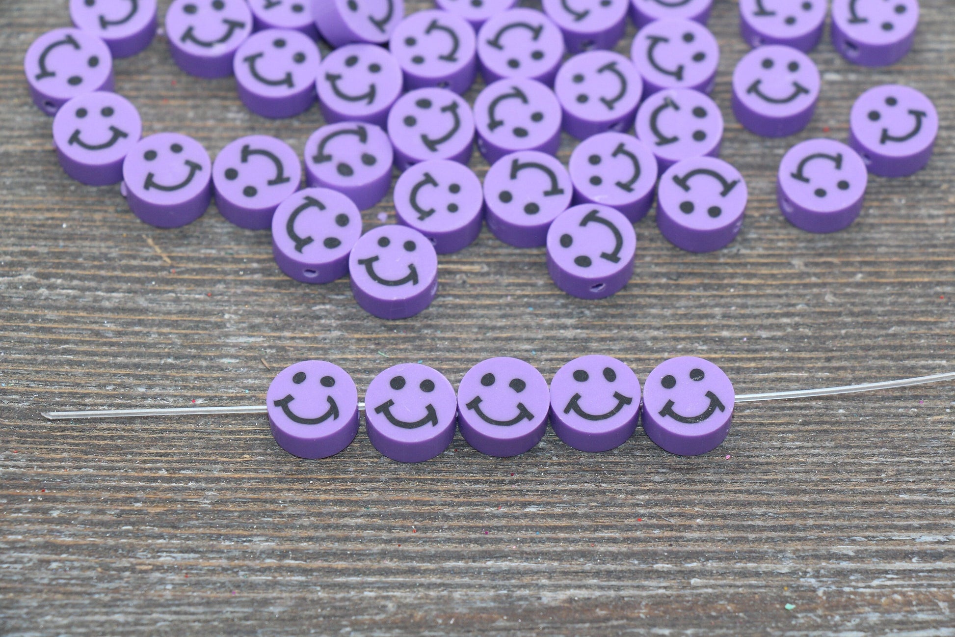 Purple Smiley Face Polymer Clay Beads, Smiley Face Fimo Cane Beads, Happy Face Emoji Beads, Bead for Bracelet, Beading Supplies #234