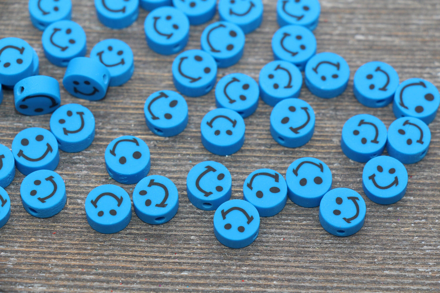 Blue Smiley Face Polymer Clay Beads, Smiley Face Fimo Cane Beads, Happy Face Emoji Beads, Bead for Bracelet, Beading Supplies #235