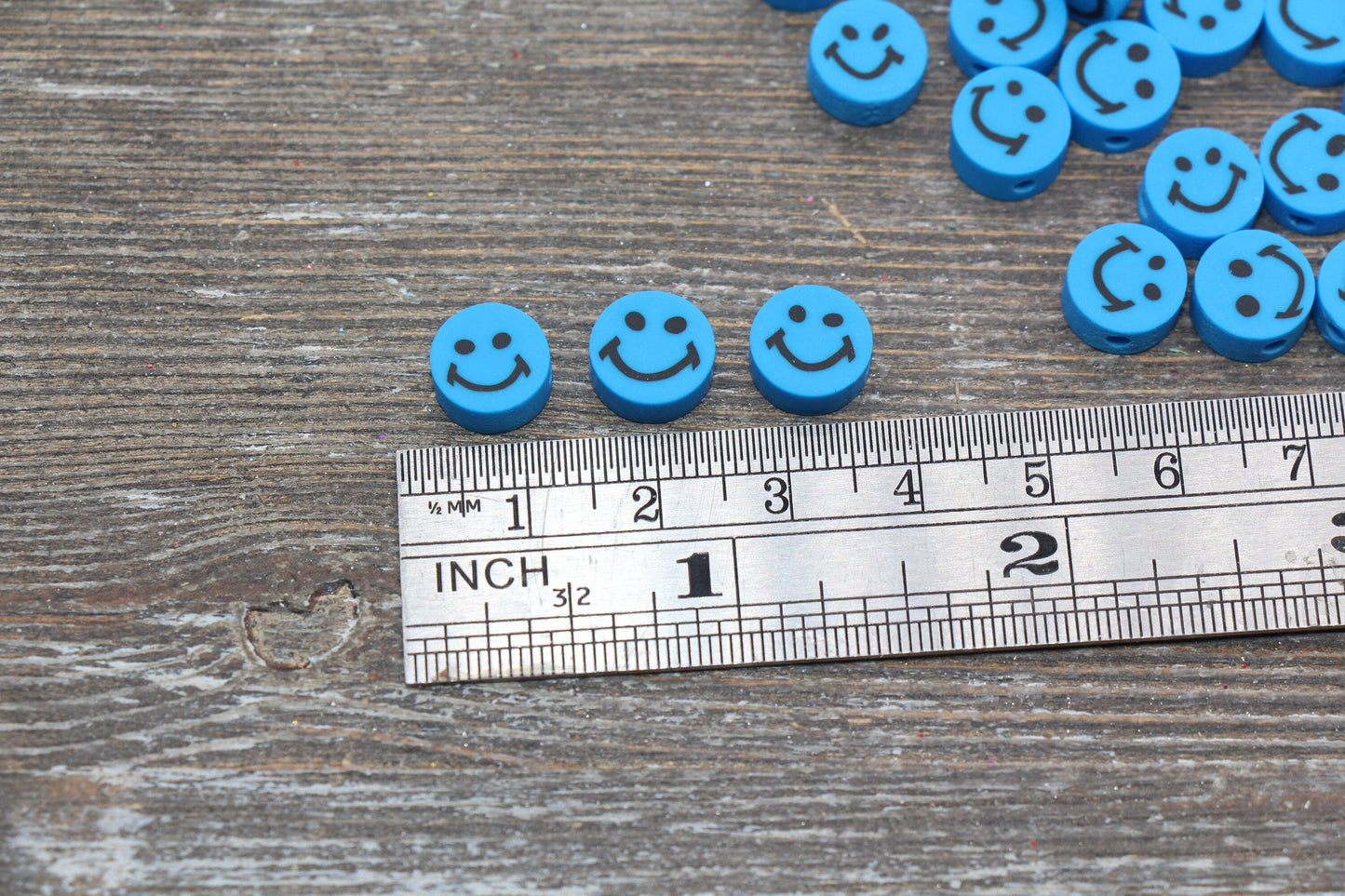 Blue Smiley Face Polymer Clay Beads, Smiley Face Fimo Cane Beads, Happy Face Emoji Beads, Bead for Bracelet, Beading Supplies #235