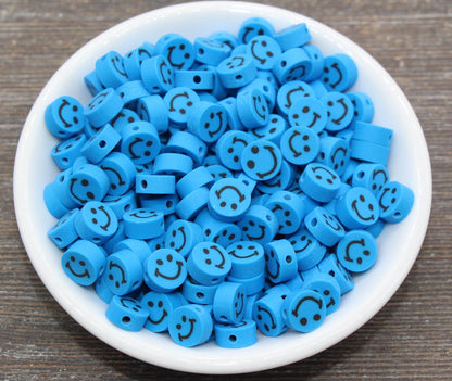 Blue Smiley Face Polymer Clay Beads, Smiley Face Fimo Cane Beads, Happy Face Emoji Beads, Bead for Bracelet, Beading Supplies #235