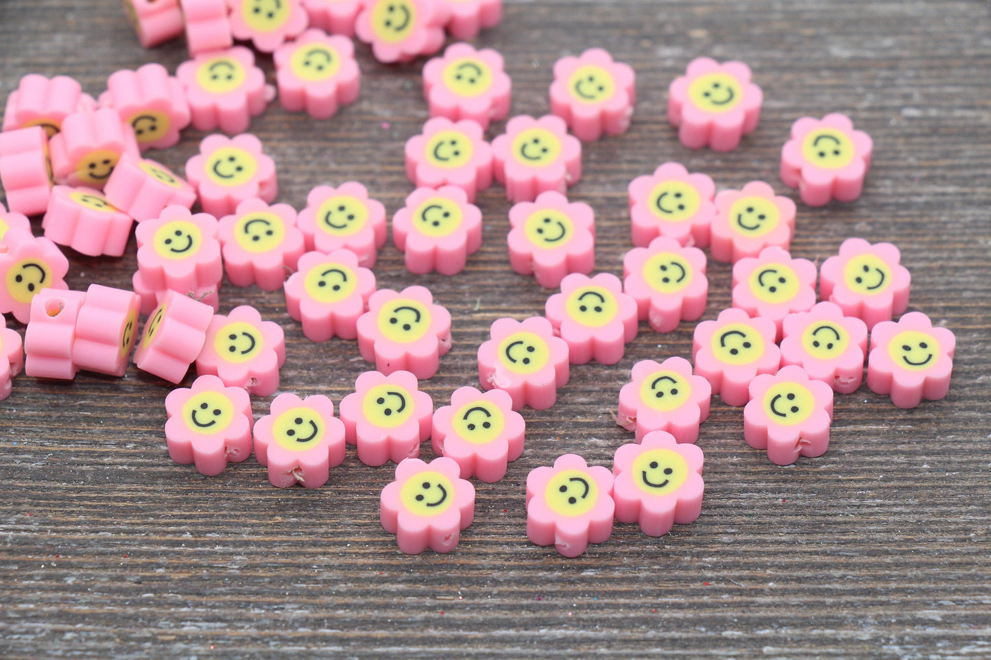 Pink Smiley Face Polymer Clay Beads, Flower Shape Smiley Face Fimo Cane Beads, Happy Face Beads, Bead for Bracelet #237