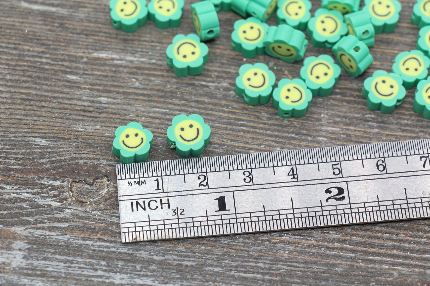 Green Smiley Face Polymer Clay Beads, Flower Shape Smiley Face Fimo Cane Beads, Happy Face Beads, Bead for Bracelet #238