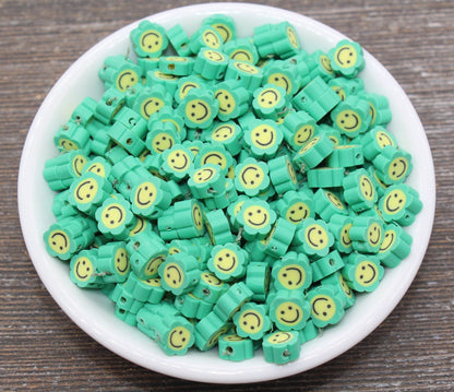 Green Smiley Face Polymer Clay Beads, Flower Shape Smiley Face Fimo Cane Beads, Happy Face Beads, Bead for Bracelet #238