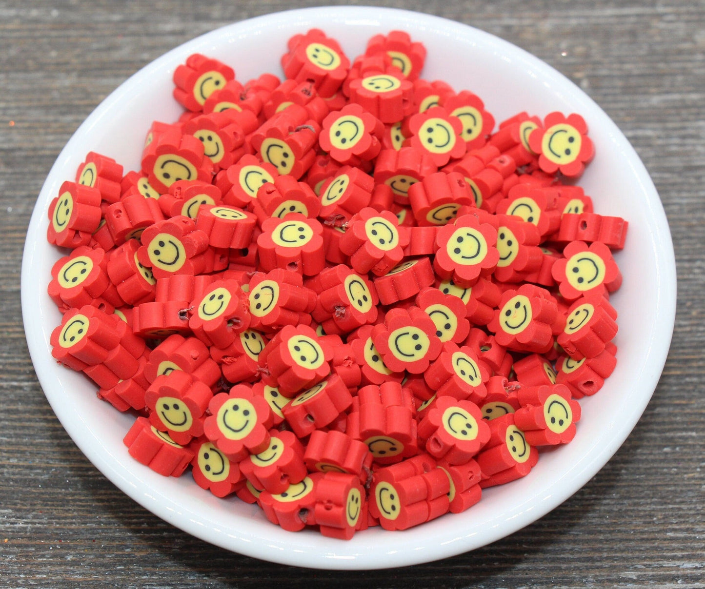 Red Smiley Face Polymer Clay Beads, Flower Shape Smiley Face Fimo Cane Beads, Happy Face Beads, Bead for Bracelet #240