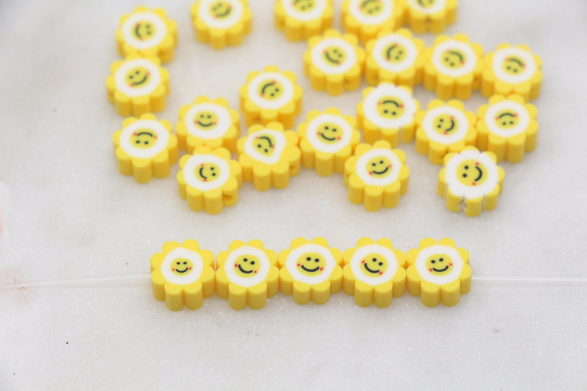 Yellow Smiley Face Polymer Clay Beads, Flower Shape Smiley Face Fimo Cane Beads, Happy Face Beads, Bead for Bracelet #251