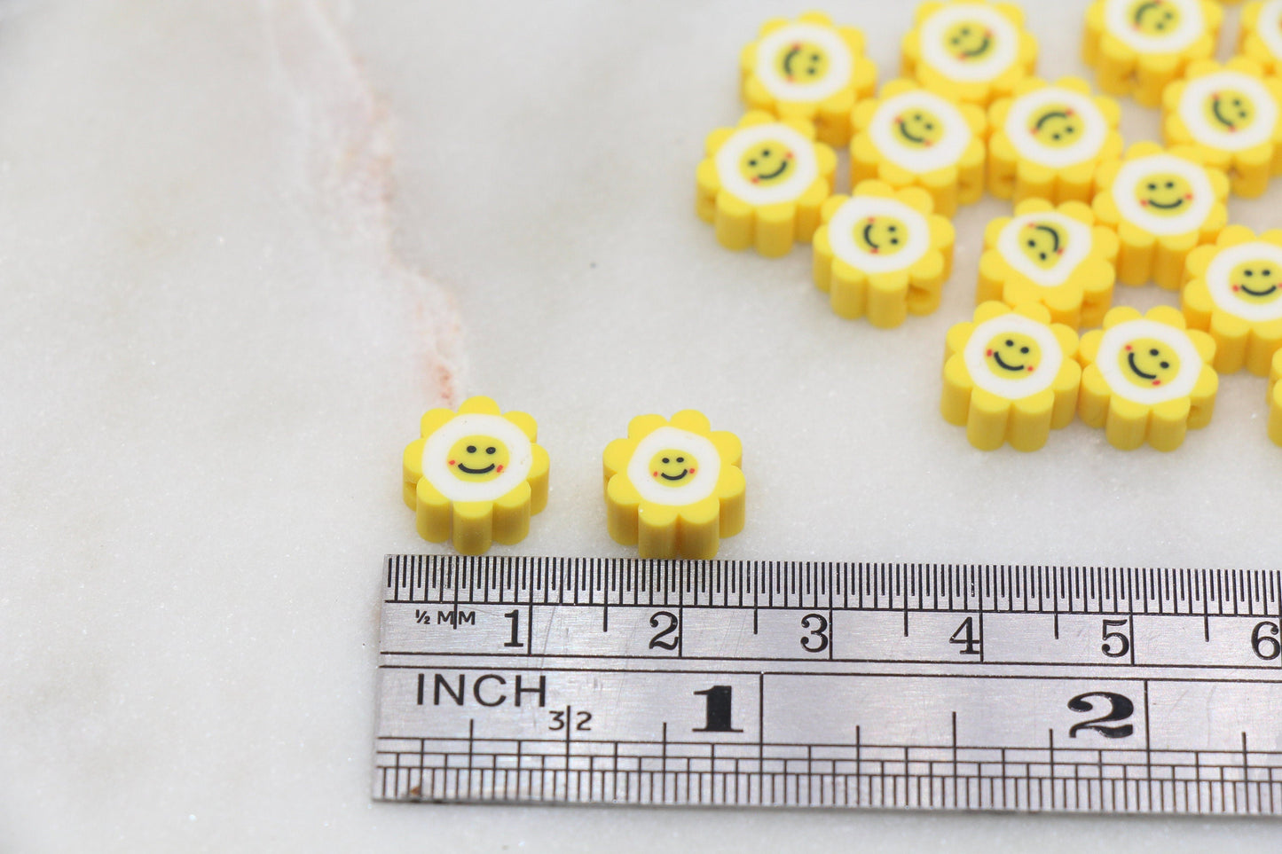 Yellow Smiley Face Polymer Clay Beads, Flower Shape Smiley Face Fimo Cane Beads, Happy Face Beads, Bead for Bracelet #251