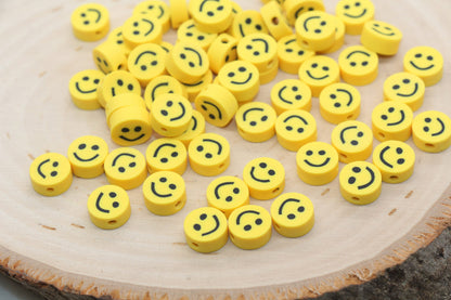 Yellow Smiley Face Polymer Clay Beads, Smiley Face Fimo Cane Beads, Happy Face Emoji Beads, Bead for Bracelet, Beading Supplies #329