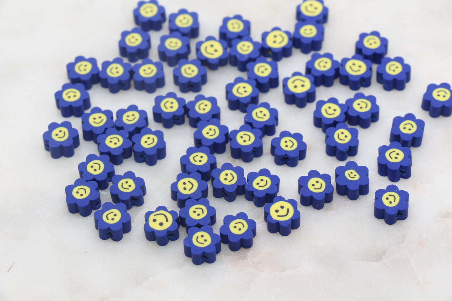 Royal Blue Smiley Face Polymer Clay Beads, Flower Shape Smiley Face Fimo Cane Beads, Happy Face Beads, Bead for Bracelet #120