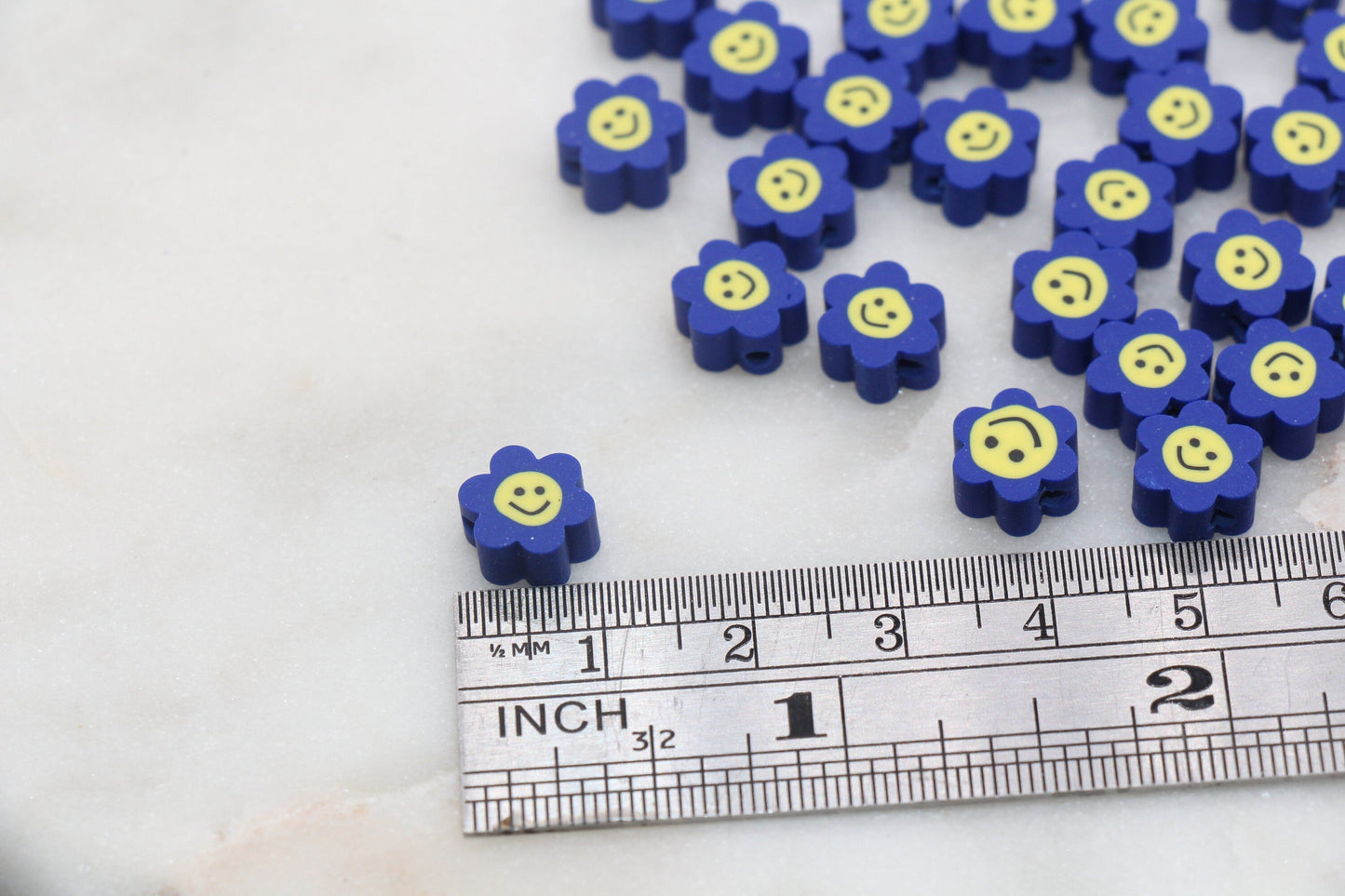 Royal Blue Smiley Face Polymer Clay Beads, Flower Shape Smiley Face Fimo Cane Beads, Happy Face Beads, Bead for Bracelet #120