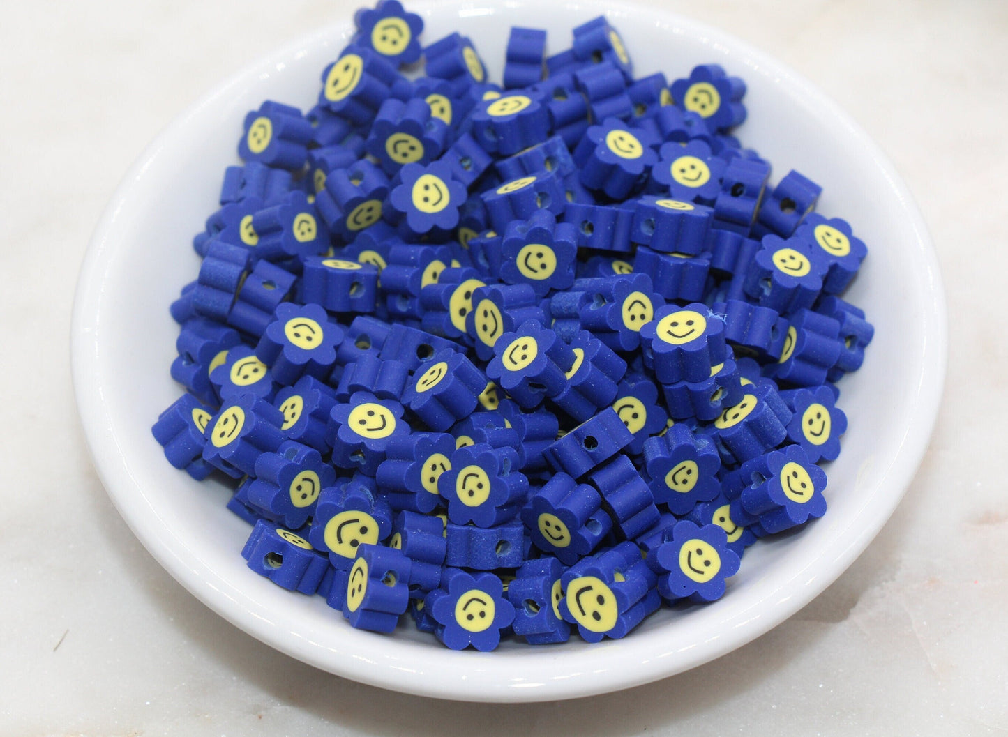 Royal Blue Smiley Face Polymer Clay Beads, Flower Shape Smiley Face Fimo Cane Beads, Happy Face Beads, Bead for Bracelet #120