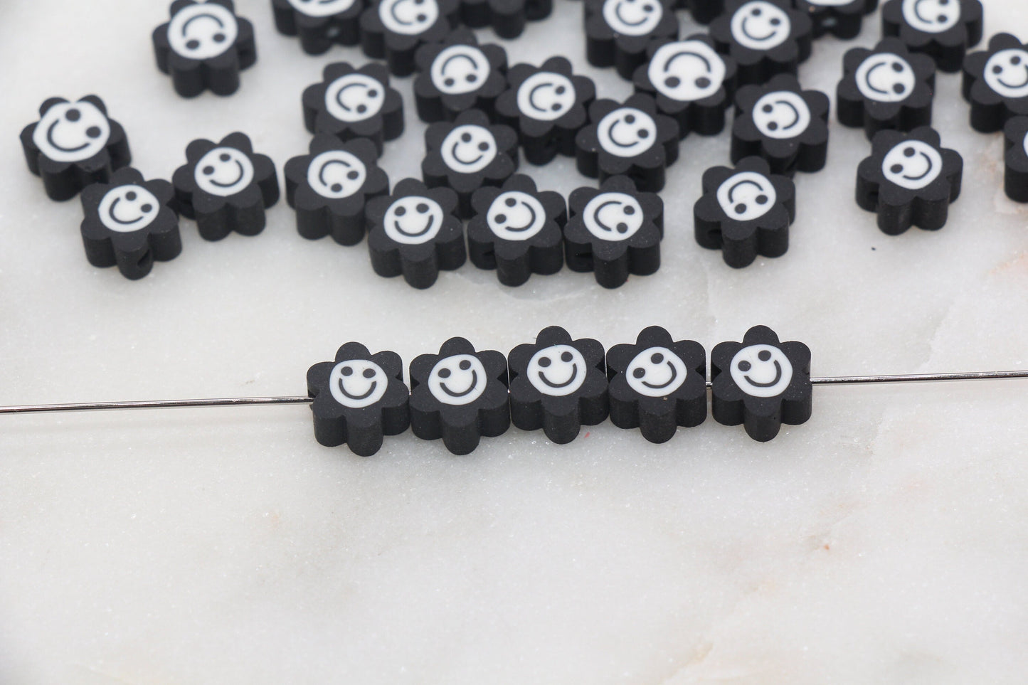 Black Smiley Face Polymer Clay Beads, Flower Shape Smiley Face Fimo Cane Beads, Happy Face Beads, Bead for Bracelet #302