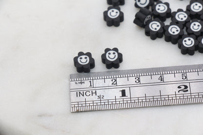 Black Smiley Face Polymer Clay Beads, Flower Shape Smiley Face Fimo Cane Beads, Happy Face Beads, Bead for Bracelet #302