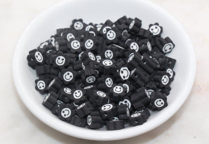 Black Smiley Face Polymer Clay Beads, Flower Shape Smiley Face Fimo Cane Beads, Happy Face Beads, Bead for Bracelet #302