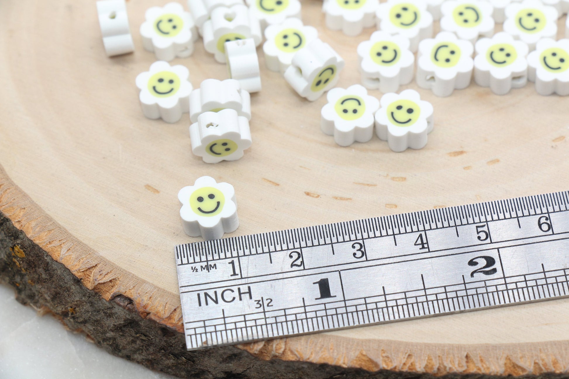 White Smiley Face Polymer Clay Beads, Flower Shape Smiley Face Fimo Cane Beads, Happy Face Beads, Bead for Bracelet #241