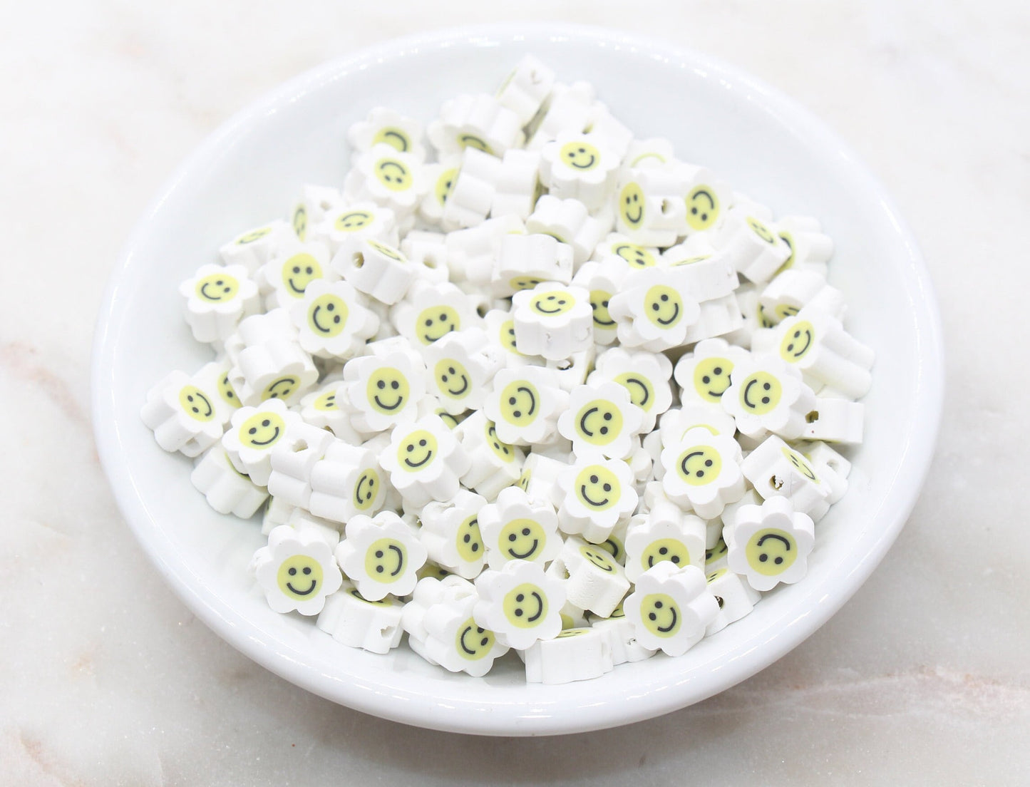 White Smiley Face Polymer Clay Beads, Flower Shape Smiley Face Fimo Cane Beads, Happy Face Beads, Bead for Bracelet #241