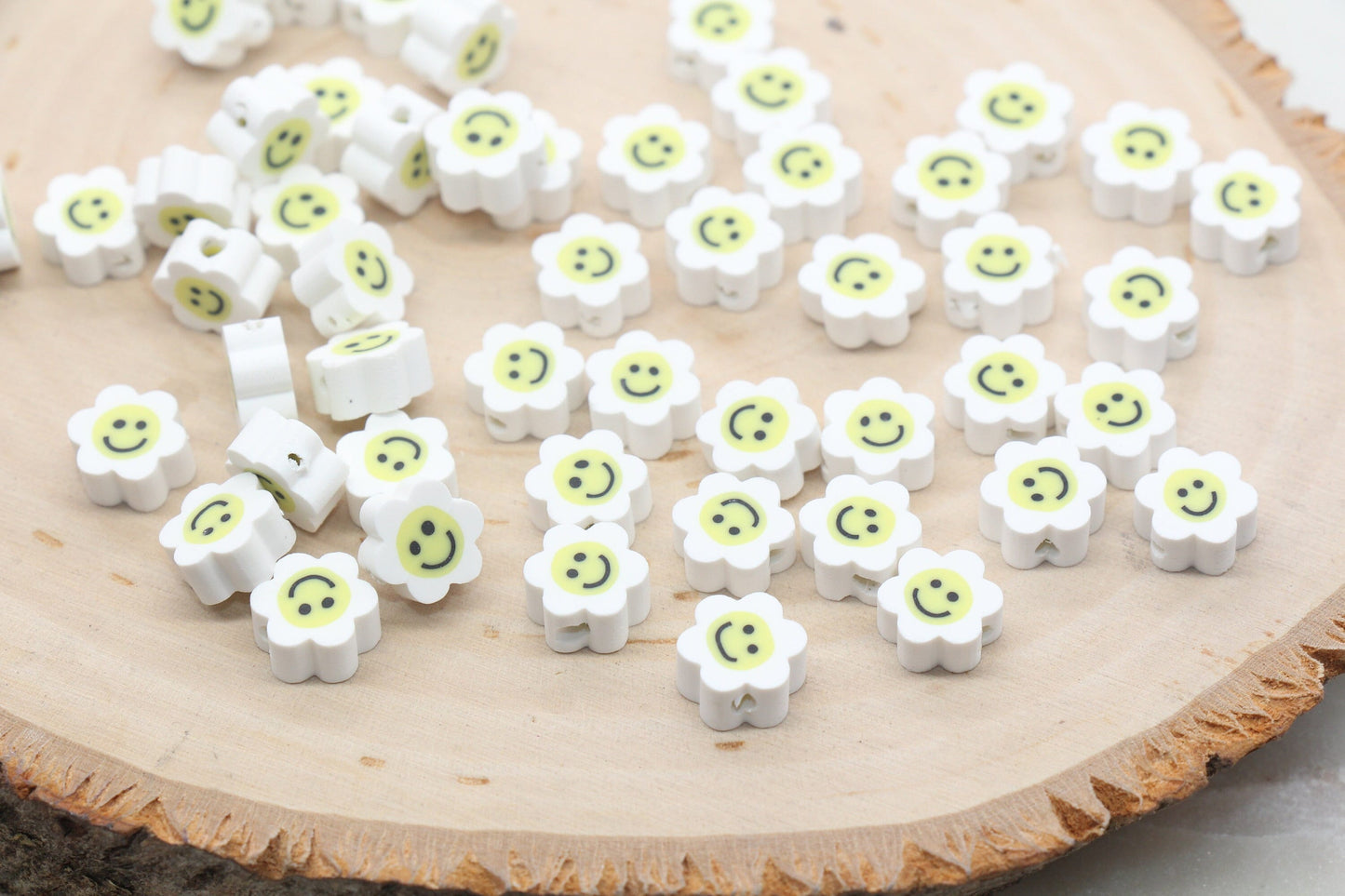 White Smiley Face Polymer Clay Beads, Flower Shape Smiley Face Fimo Cane Beads, Happy Face Beads, Bead for Bracelet #241