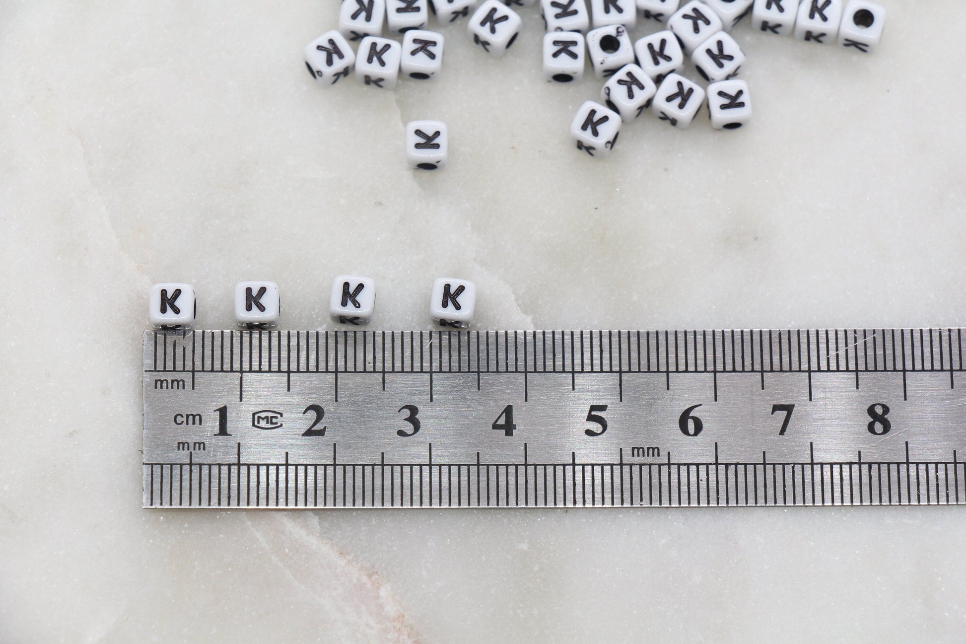 Letter K Cube Beads, White and Black Cube Alphabet Letter Beads, Black Acrylic Letter Beads, Acrylic Square Name Beads, Size 5mm