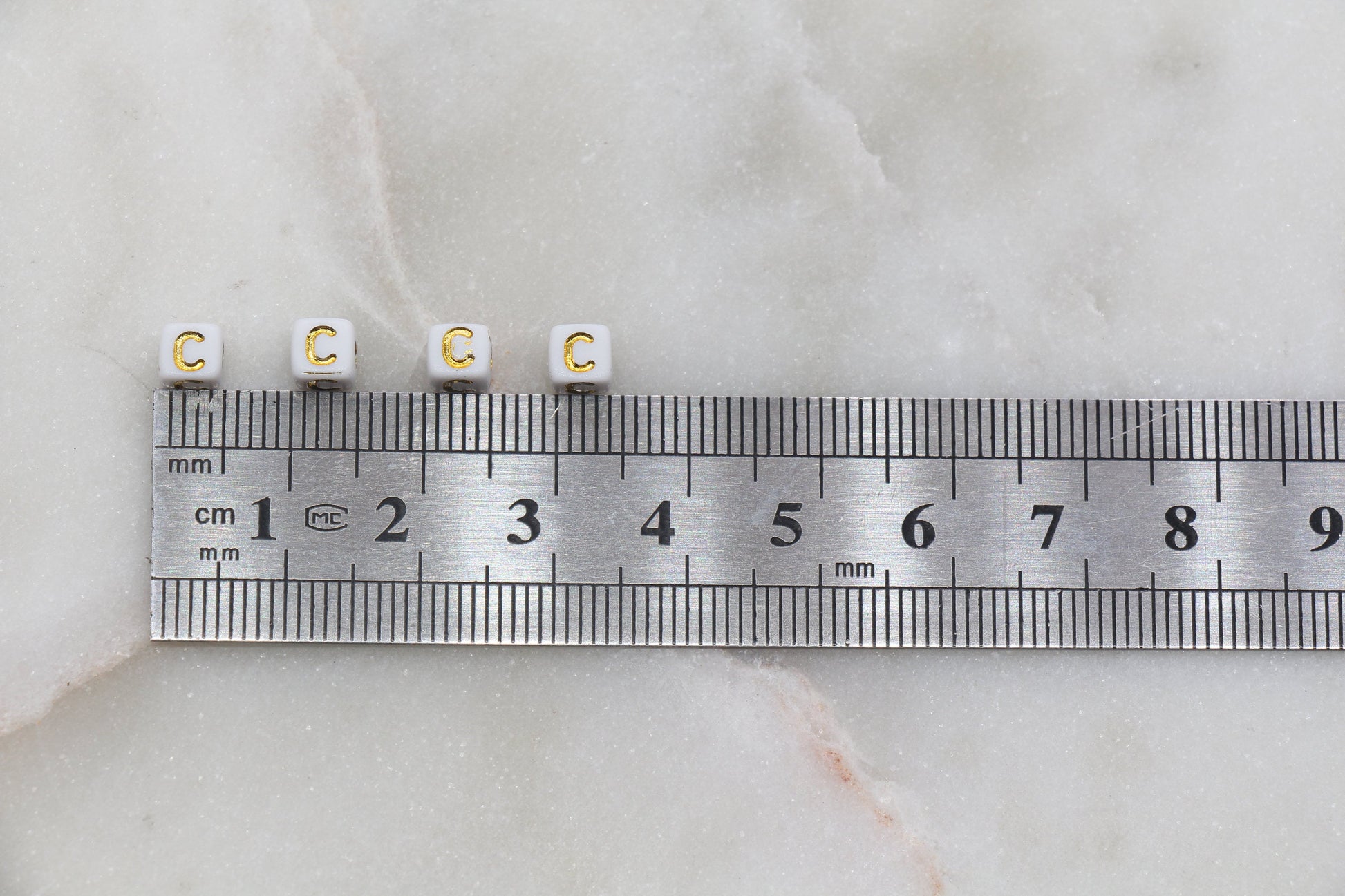 Letter C Cube Beads, Individual Letter Beads, White and Gold Cube Alphabet Letter Beads, Gold Letter Beads, Square Name Beads, Size 4.8mm