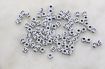 Letter C Cube Beads, White and Black Cube Alphabet Letter Beads, Black Acrylic Letter Beads, Acrylic Square Name Beads, Size 5mm