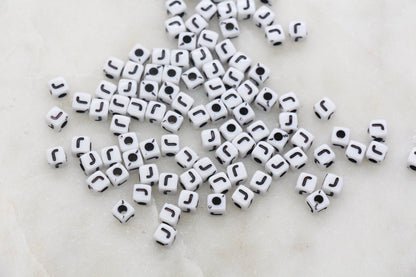 Letter J Cube Beads, White and Black Cube Alphabet Letter Beads, Black Acrylic Letter Beads, Acrylic Square Name Beads, Size 5mm