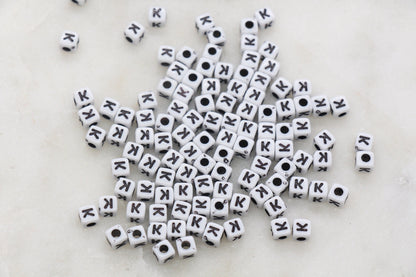 Letter K Cube Beads, White and Black Cube Alphabet Letter Beads, Black Acrylic Letter Beads, Acrylic Square Name Beads, Size 5mm