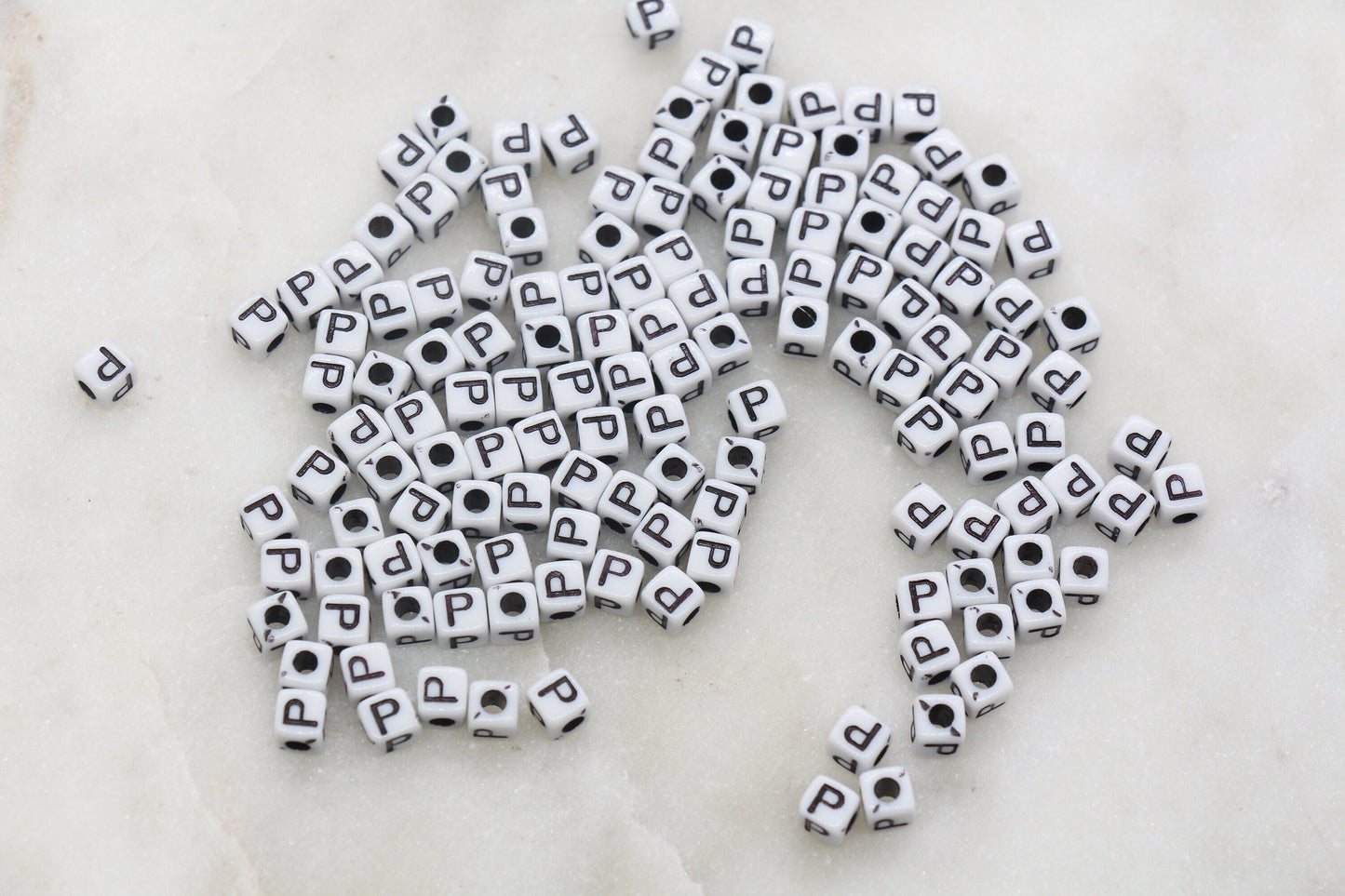 Letter P Cube Beads, White and Black Cube Alphabet Letter Beads, Black Acrylic Letter Beads, Acrylic Square Name Beads, Size 5mm