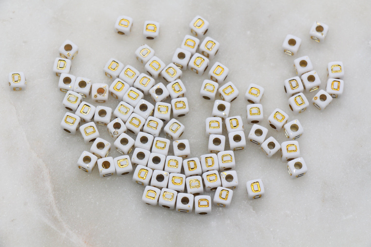 Letter D Cube Beads, Individual Letter Beads, White and Gold Cube Alphabet Letter Beads, Gold Letter Beads, Square Name Beads, Size 4.8mm